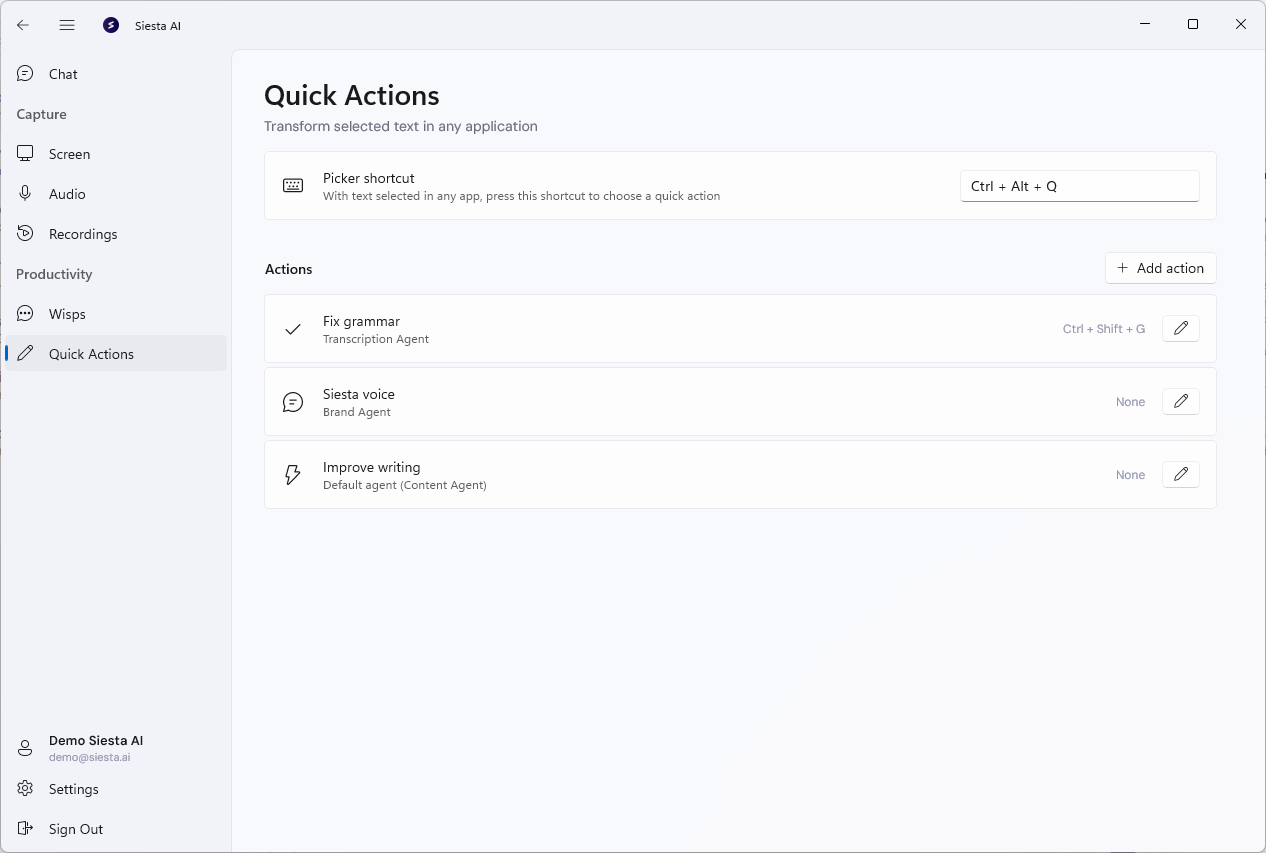 Quick Actions se zkratkou pickeru a dostupnými akcemi