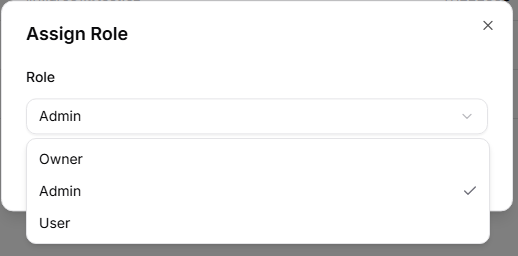 Dialog pro přiřazení role s možnostmi Vlastník, Administrátor a Uživatel