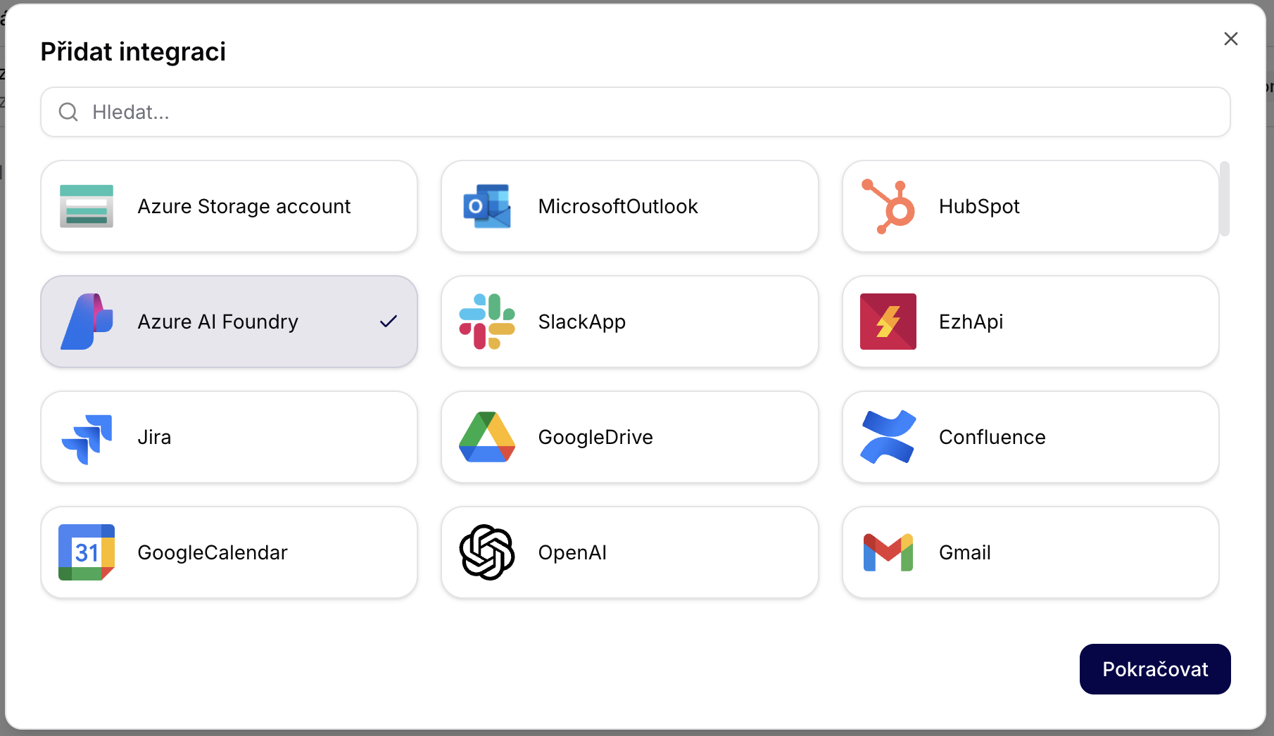 Valg af Azure AI Foundry i integrationslisten