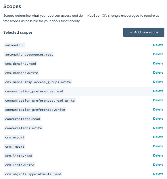 Scopes für die Private App