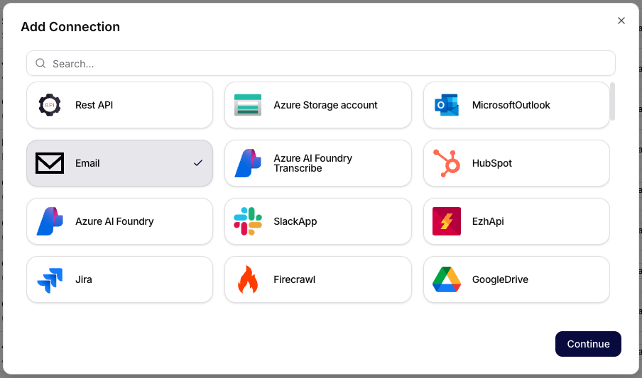 Selección del conector Email en el diálogo Add Connection