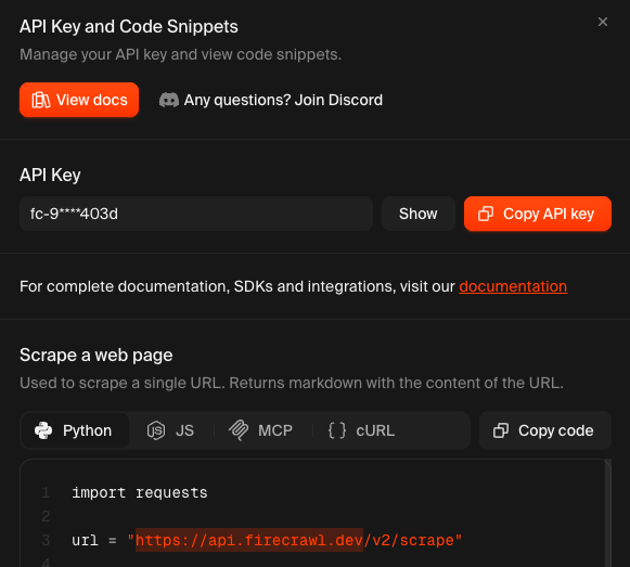 Clave API de Firecrawl y fragmentos de código
