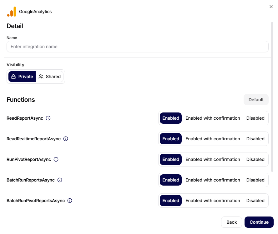 Detalle de configuración del conector de Google Analytics