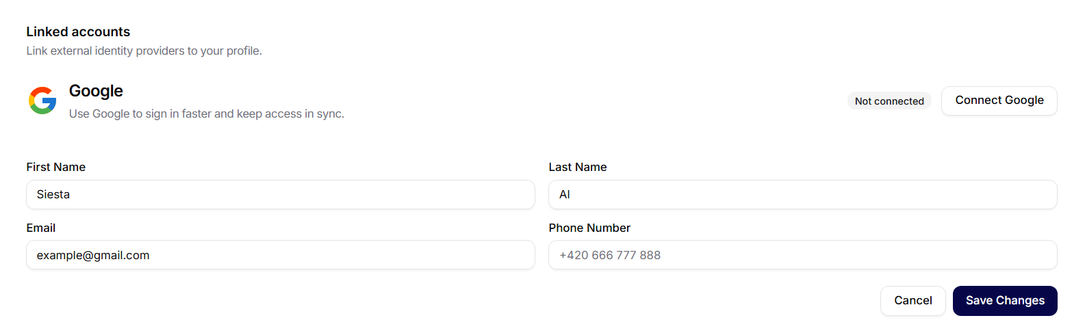 Datos del perfil y cuentas vinculadas