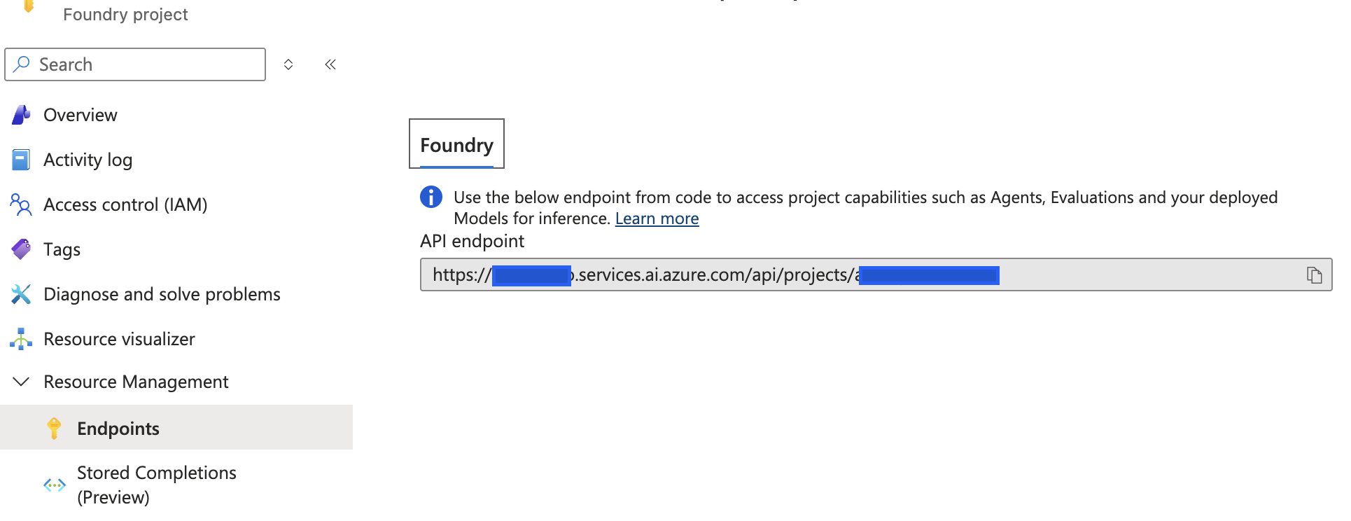 Point de terminaison de projet dans le Portail Azure
