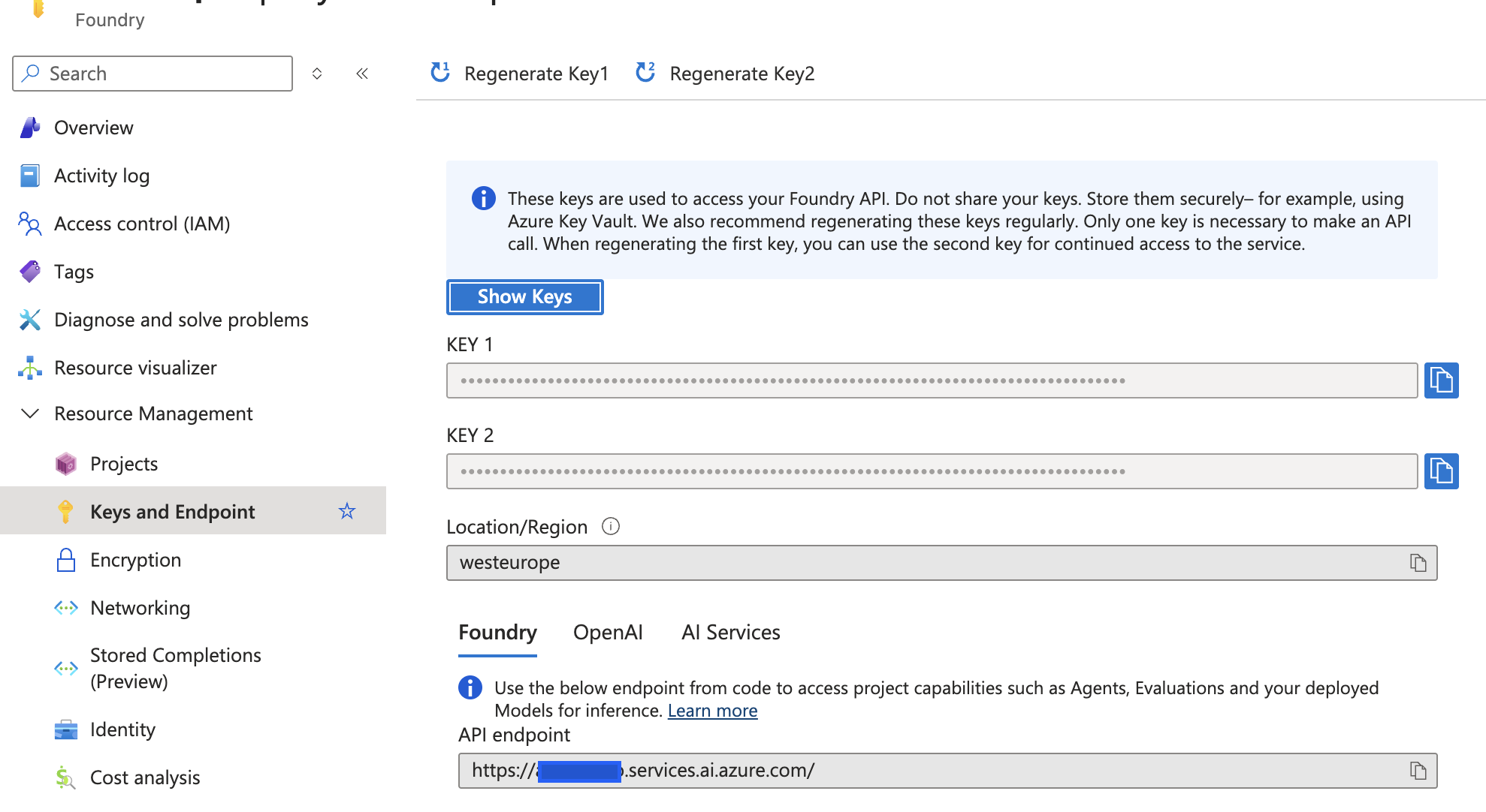 Clés et Point de terminaison dans le Portail Azure
