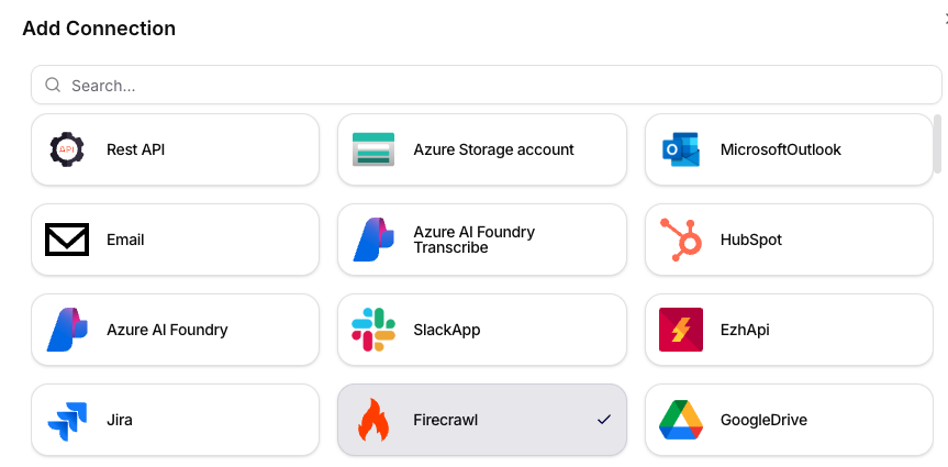 Sélection du connecteur Firecrawl dans la boîte de dialogue Ajouter une connexion