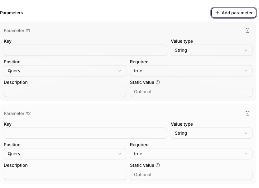 Définition des paramètres de la fonction dans la connexion API Rest