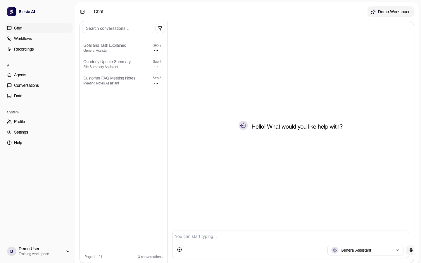 Siesta AI Chat with the agent selector beside the empty message composer