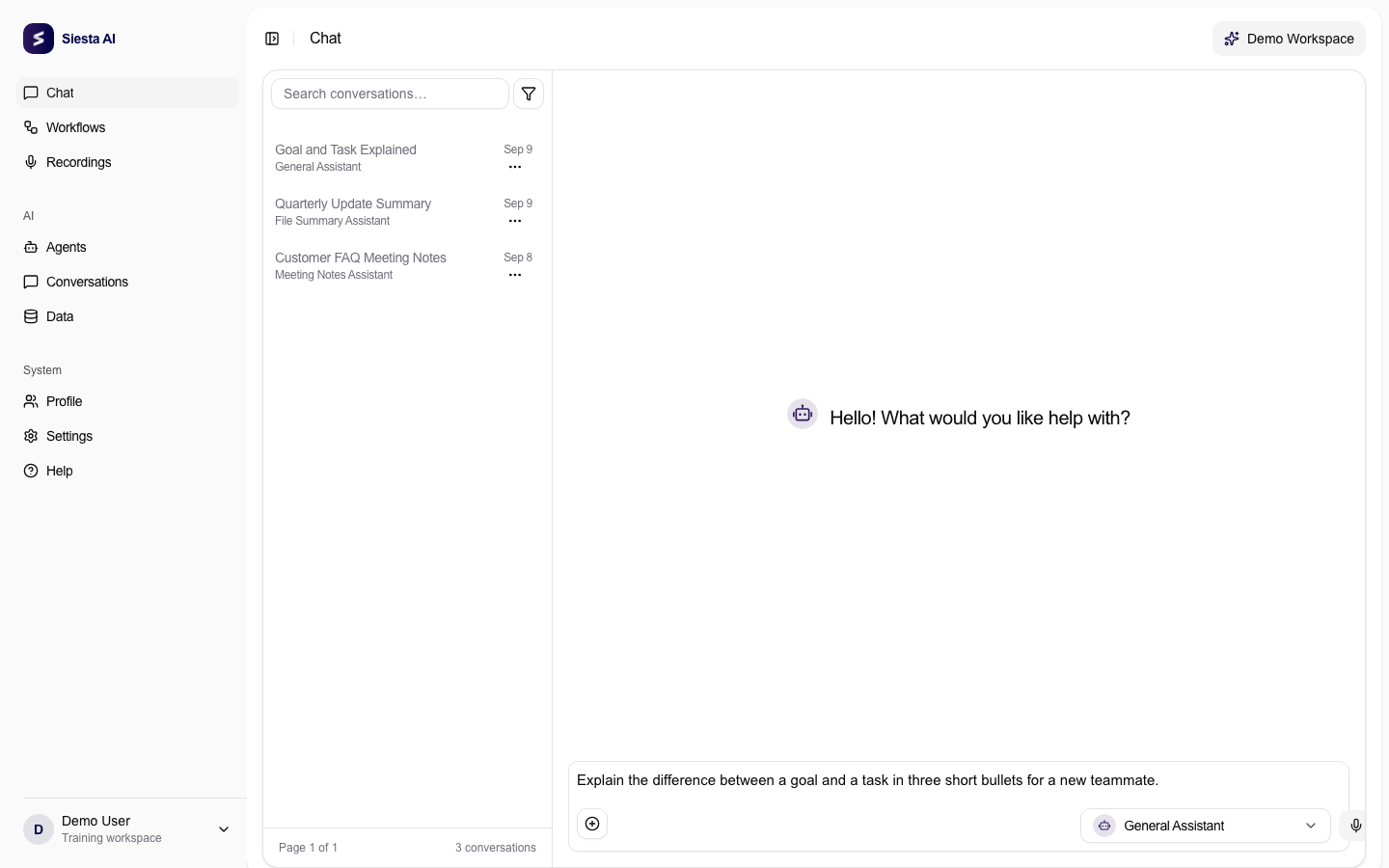 Chat composer containing a short question with the audience and requested three-bullet format