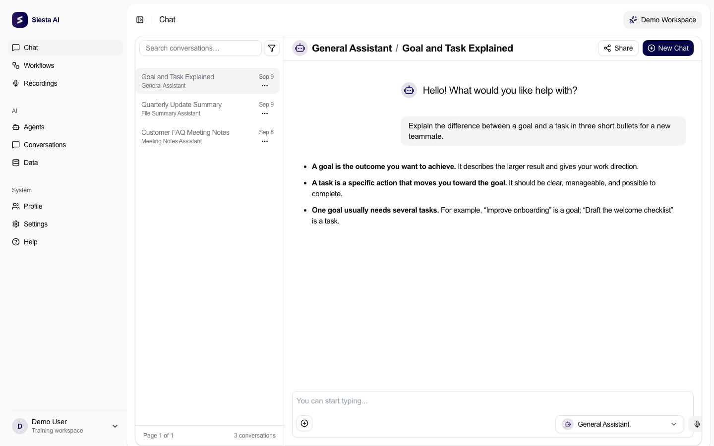 Siesta AI Chat response formatted as three concise bullet points