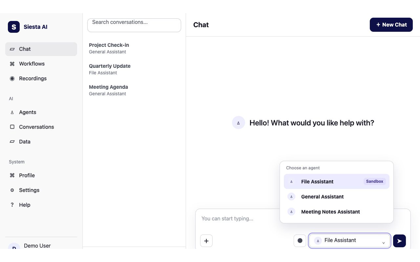 Siesta AI Web Chat with a prepared Sandbox-enabled agent selected