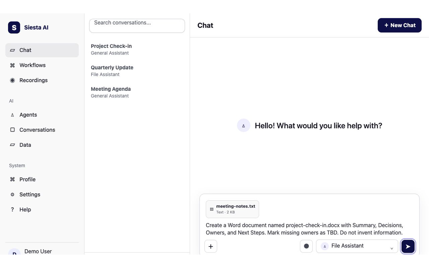 Siesta AI Web Chat with an attached source file and a request for a named downloadable document