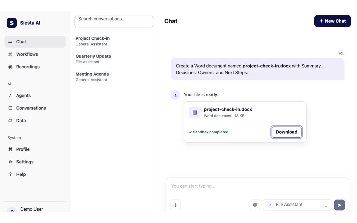 Published file artifact in Siesta AI Web Chat with a Download button