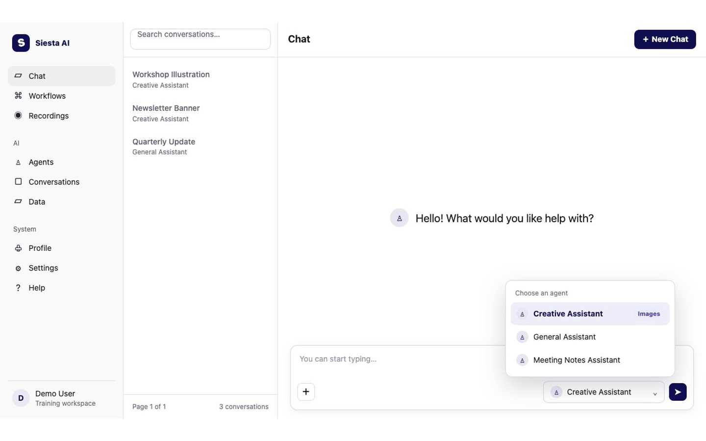 Siesta AI Chat with the agent selector open and Creative Assistant marked for Images