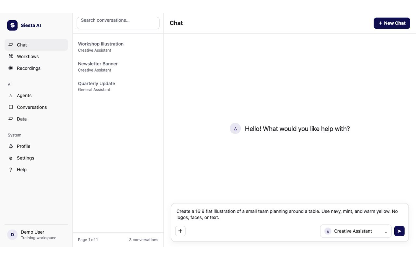 Siesta AI Chat with a detailed image request ready to send