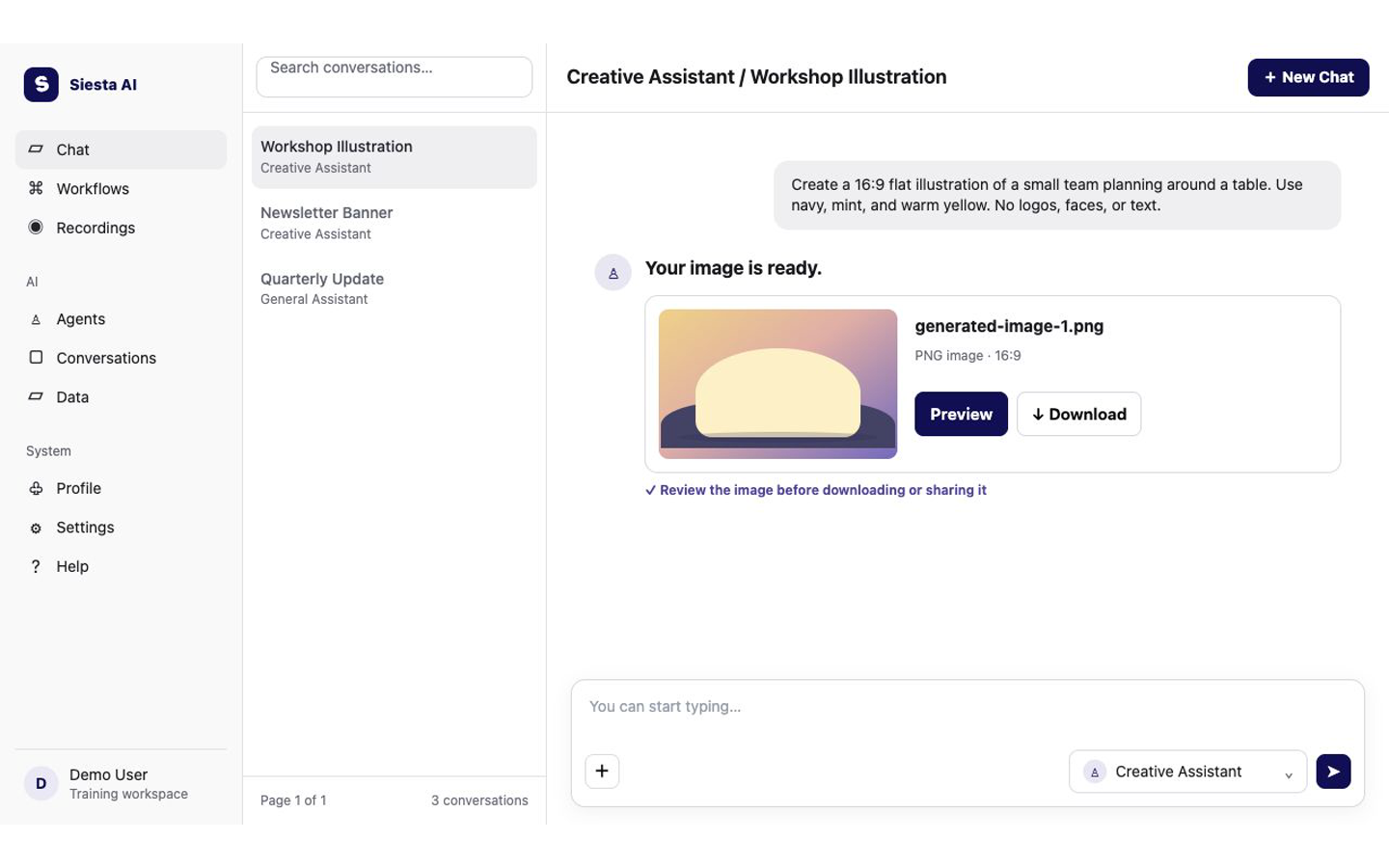 Generated PNG image artifact in Siesta AI Chat with Preview and Download buttons