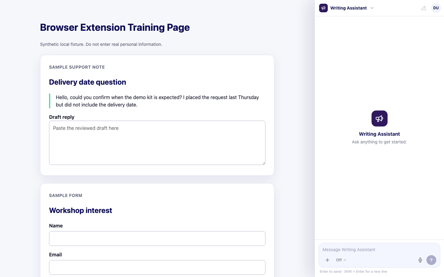 Siesta AI Browser Extension beside a sample message with Browser Control set to Off