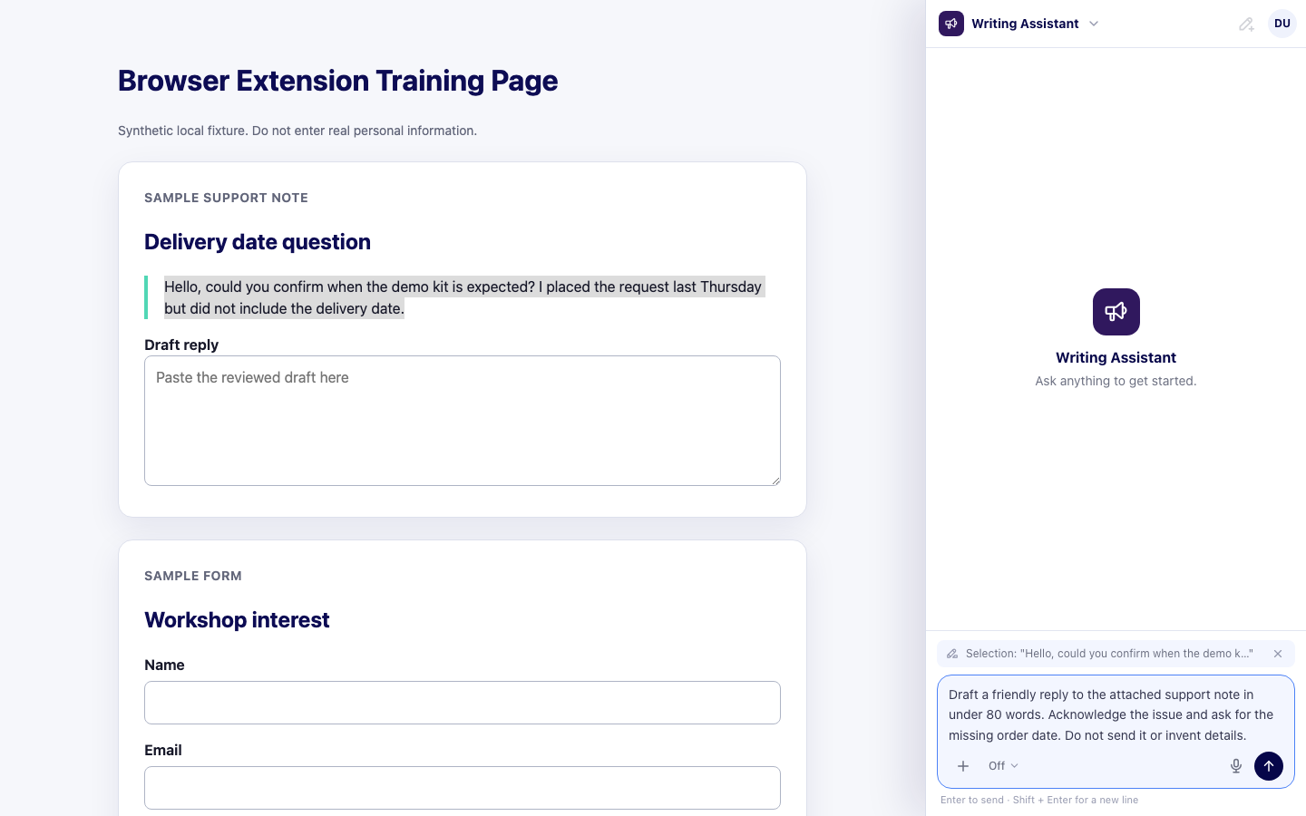 Browser Extension composer requesting a short unsent reply to attached selected text