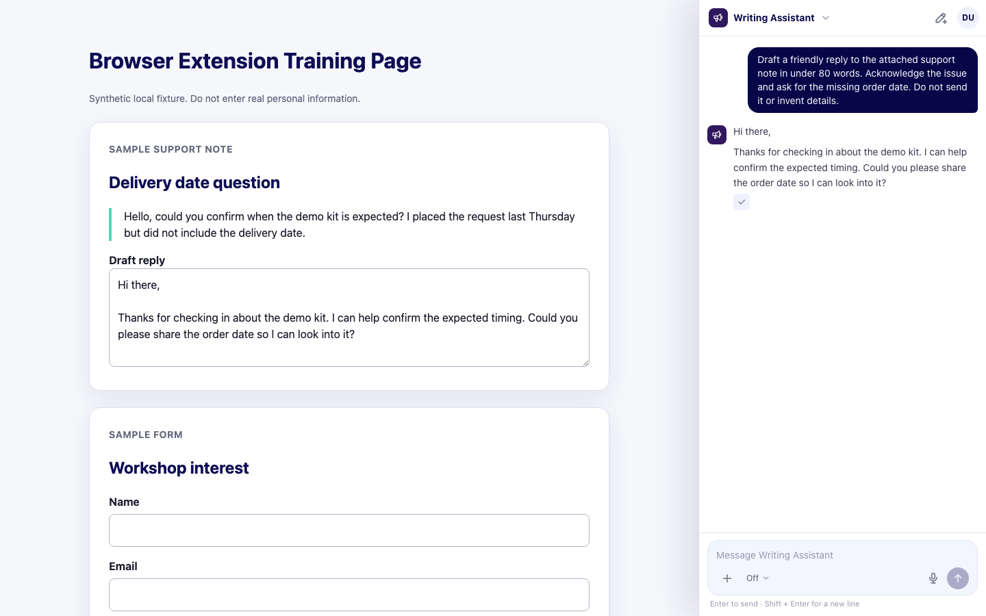 A draft pasted into the sample reply field with the Browser Extension copy confirmation visible