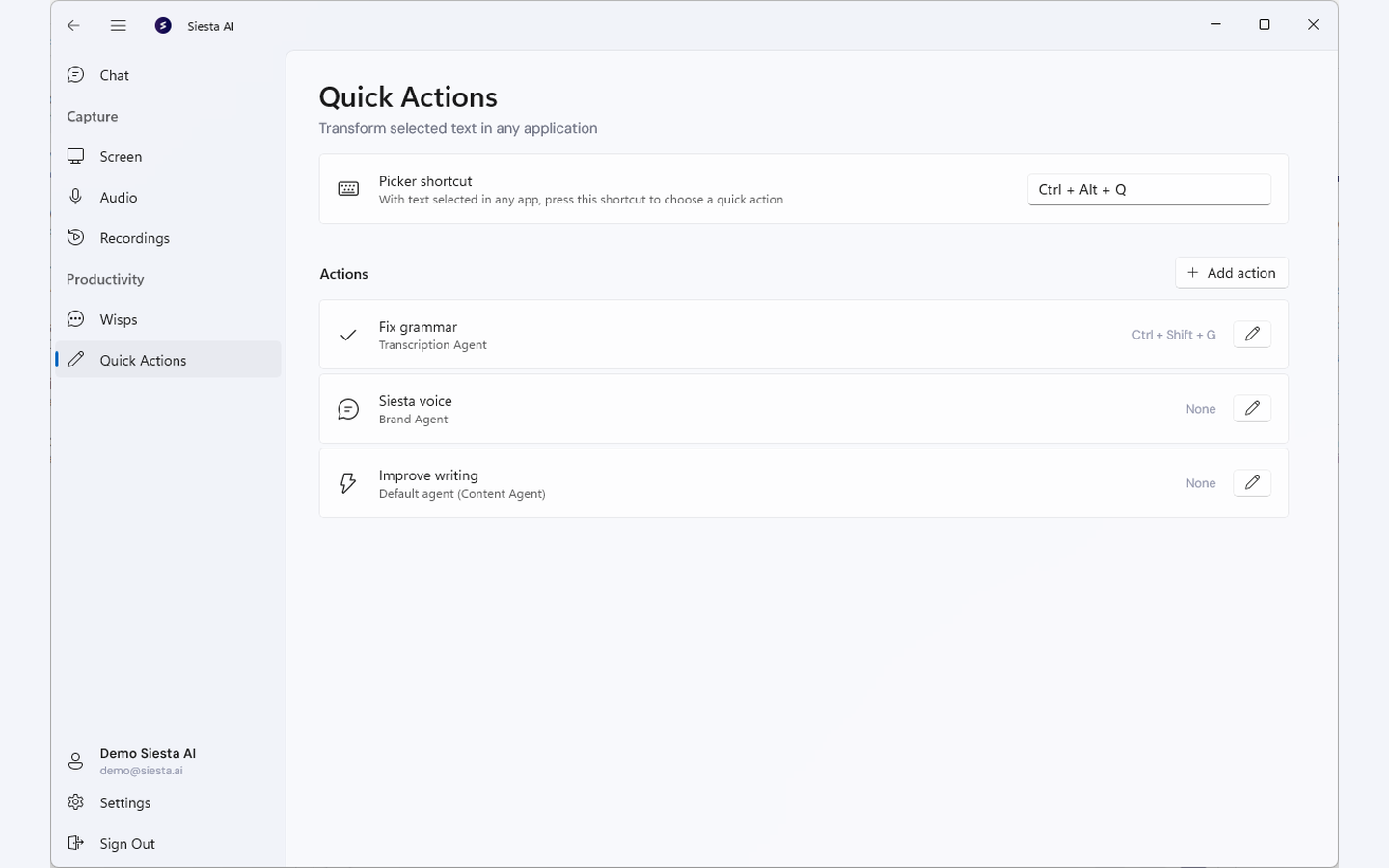 Quick Actions in the Siesta AI Windows App with the picker shortcut and available actions