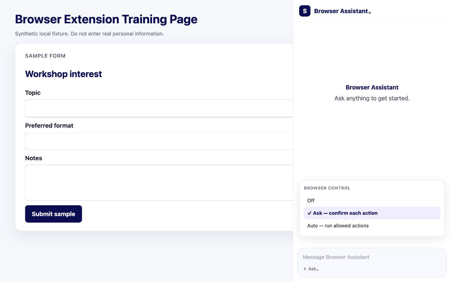 Browser Control selector in the Siesta AI extension set to Ask beside a test form
