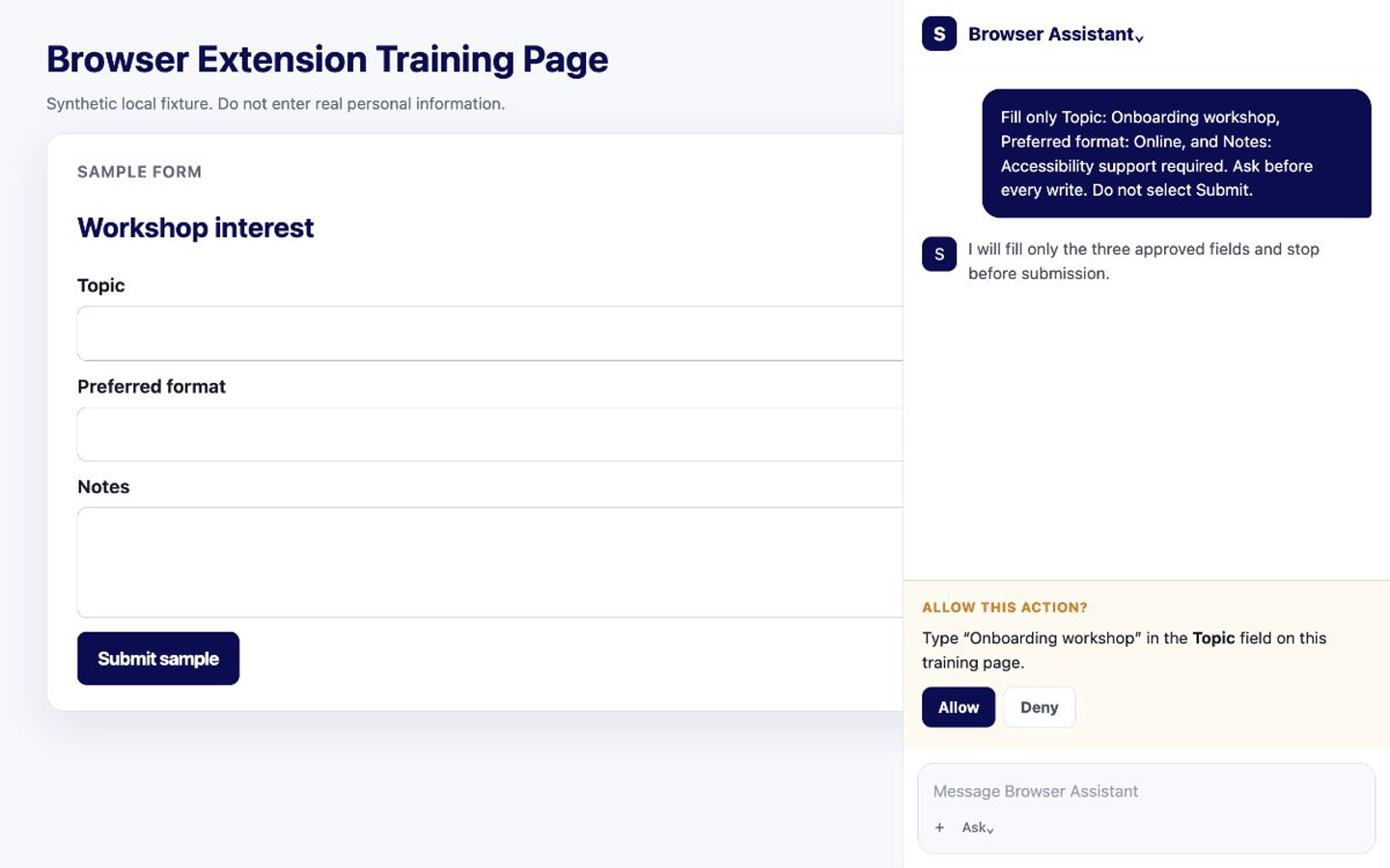 Browser Extension prompt titled Allow this action showing a proposed write to the Topic field