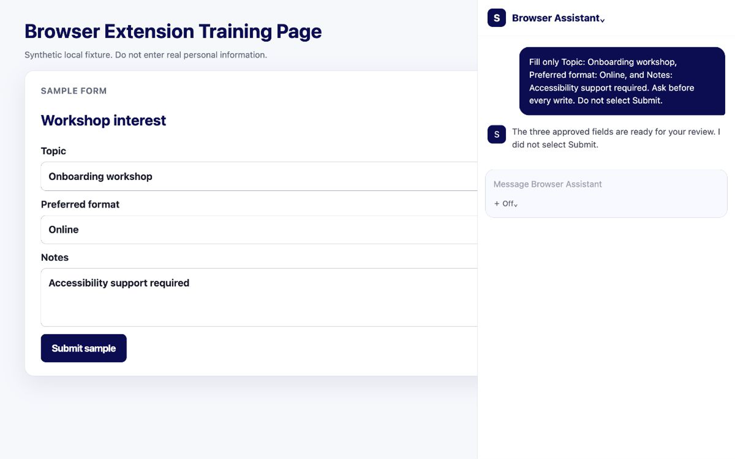 Training form with Topic, Preferred format, and Notes filled and Browser Control set to Off