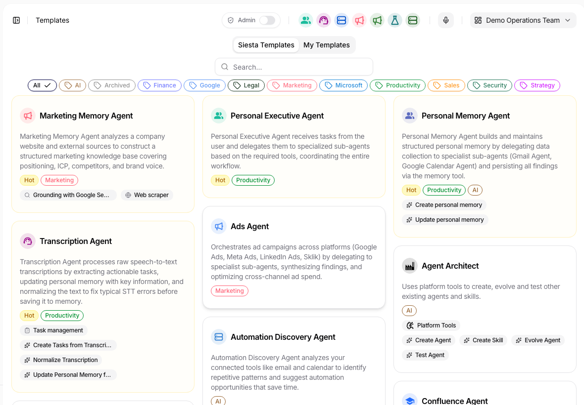 Library page with template cards, search, and category filters