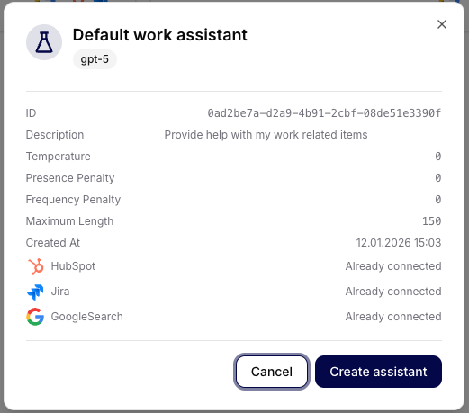 Create agent from template dialog with name and access controls