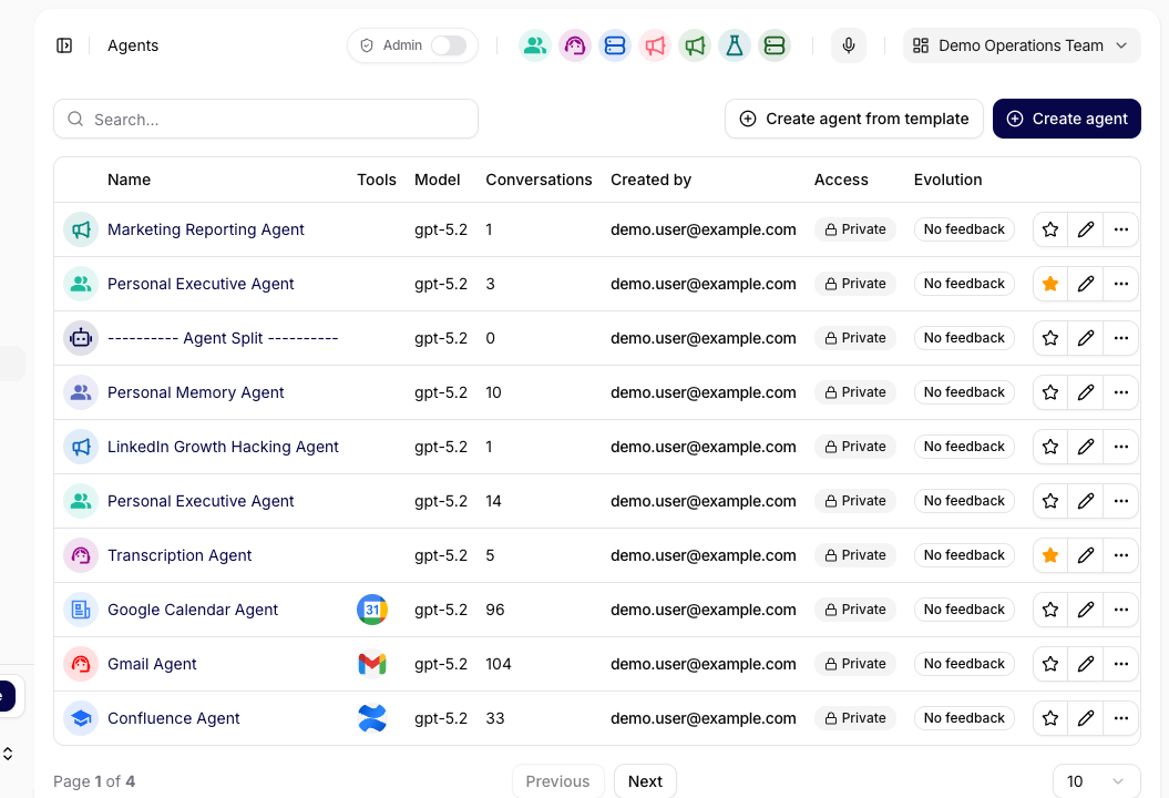 Agents page with search, agent names, models, access, and favorite controls
