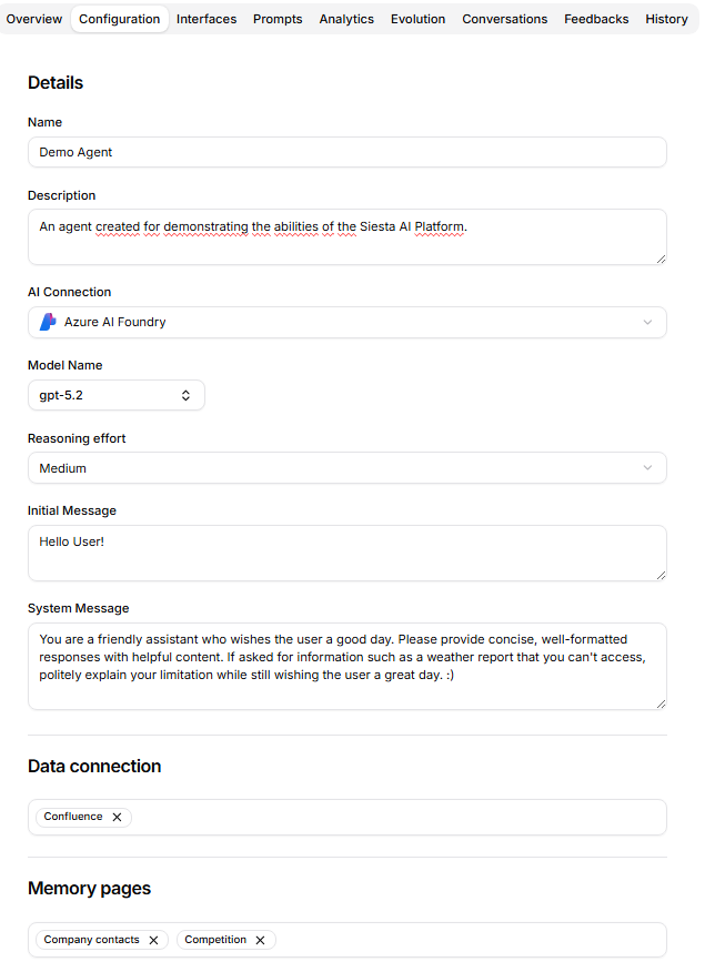 Agent Configuration with Name, Description, AI Connection, Model Name, Initial Message, and System Message