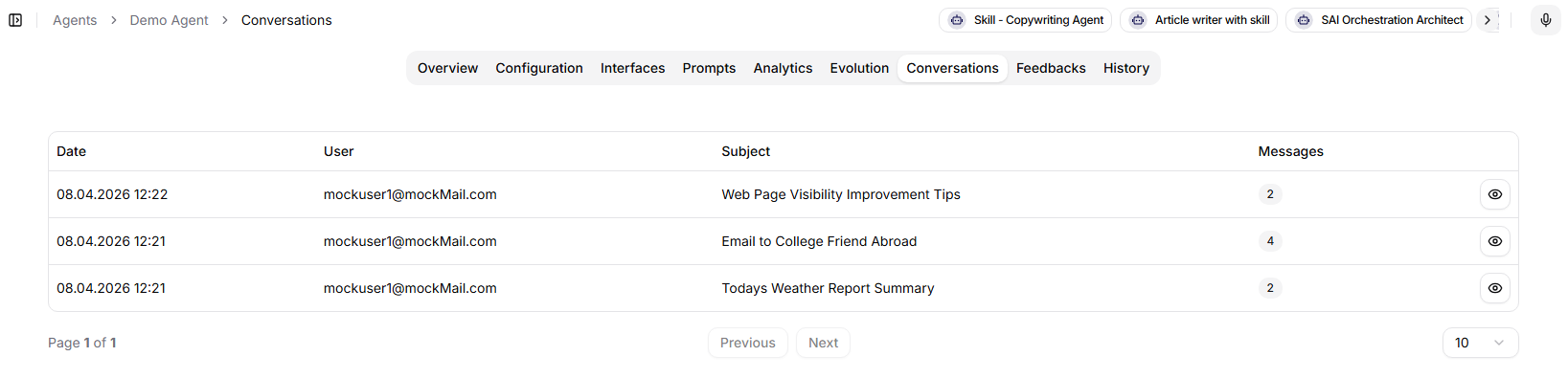 Agent Conversations tab with subjects, users, dates, and message counts