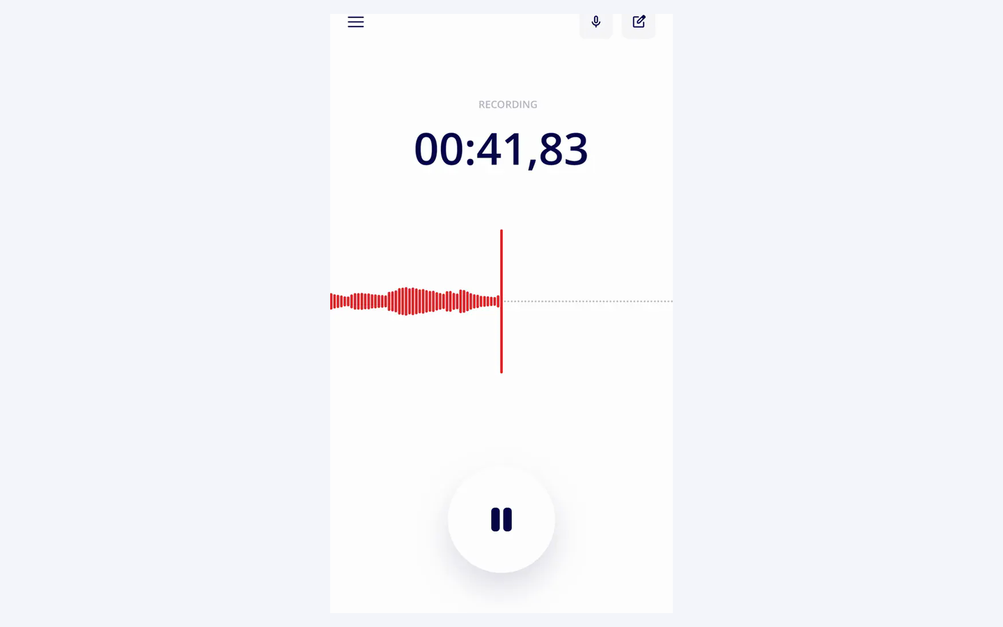 Siesta AI Mobile App recorder in the Recording state with an elapsed timer, red waveform, and pause button