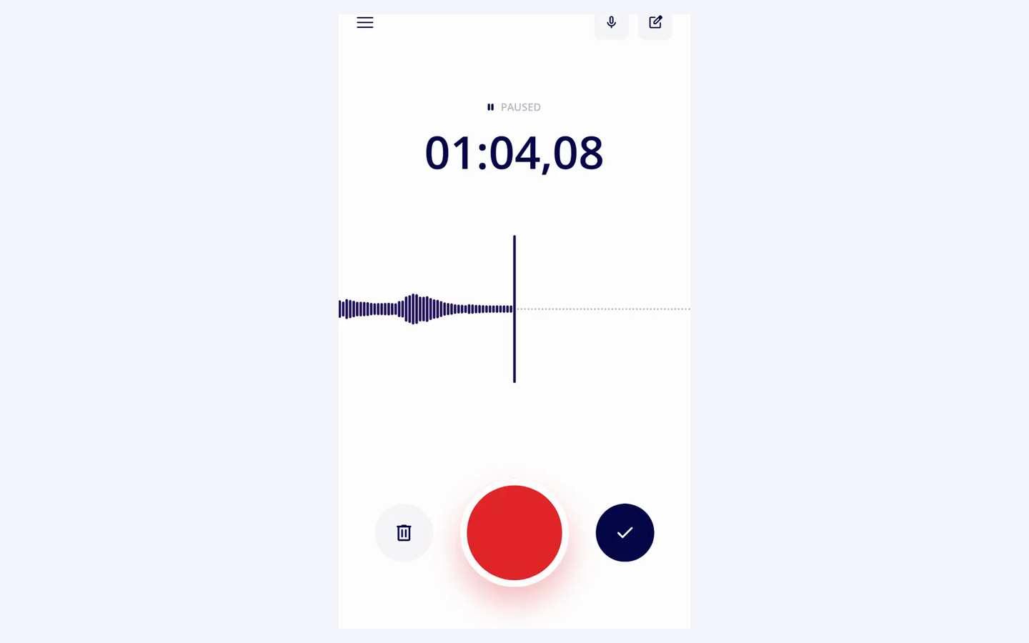 Siesta AI Mobile App recorder in the Paused state with delete, resume, and checkmark controls