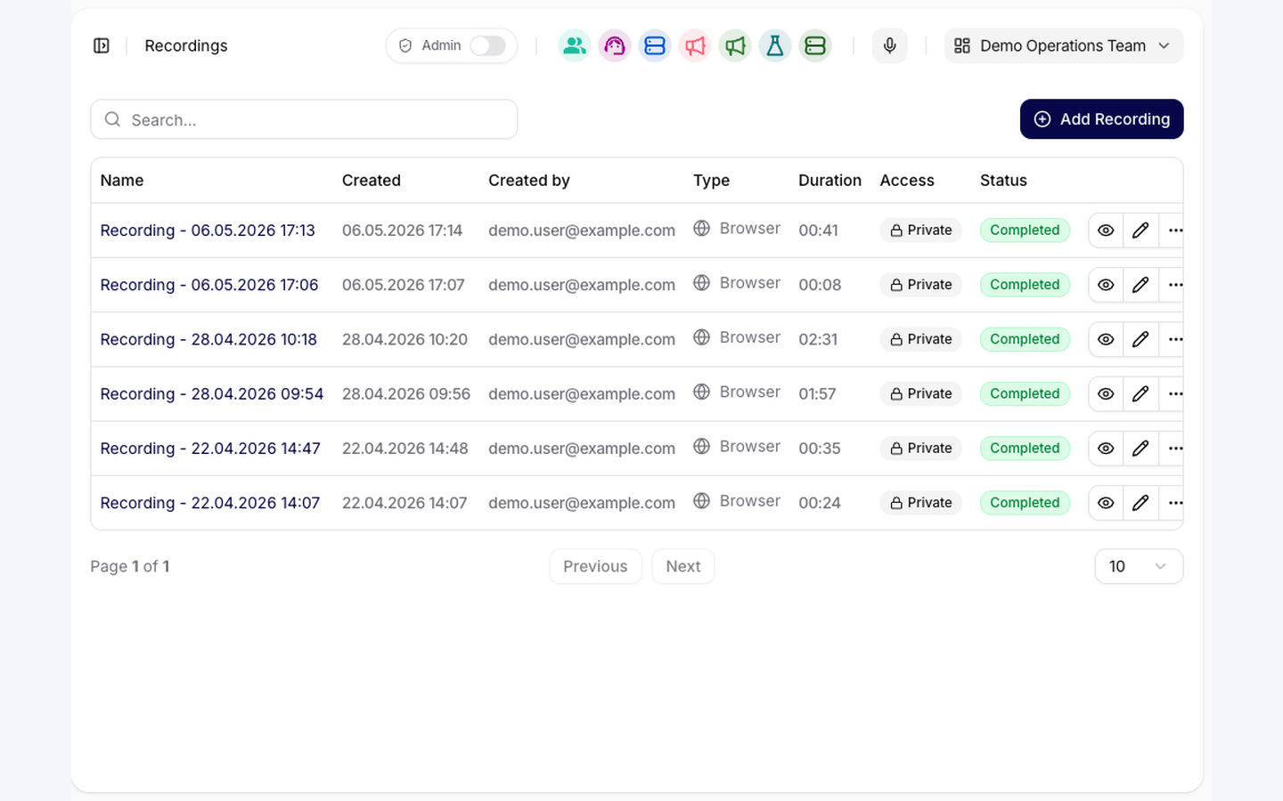 Siesta AI Recordings list with completed audio recordings and eye-shaped View controls