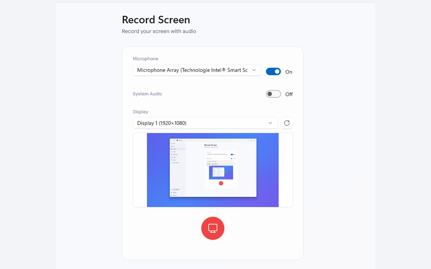 Siesta AI Windows Record Screen page with display preview and the red recording button