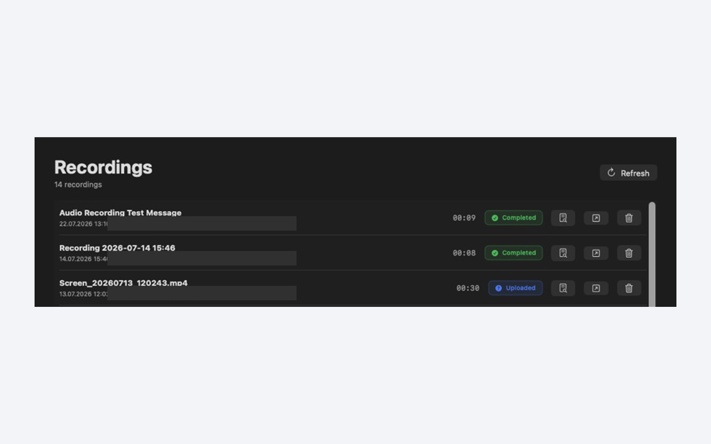 Siesta AI Recordings list with an uploaded screen recording