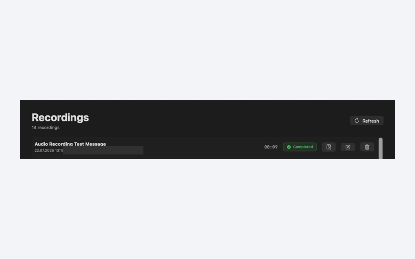 Siesta AI Recordings list with a completed voice note and its action buttons