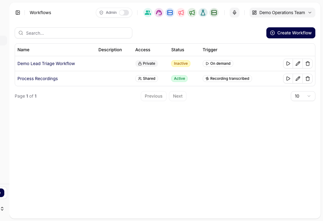 Workflows page with a Create workflow button and workflow list area