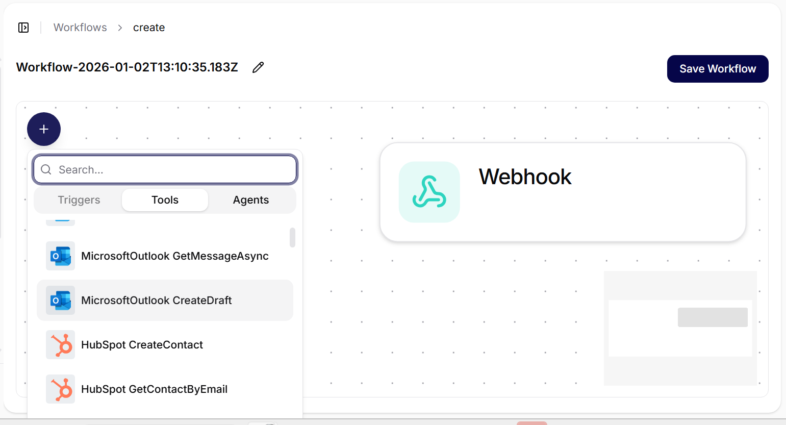 Workflow editor with trigger, tool, and agent choices