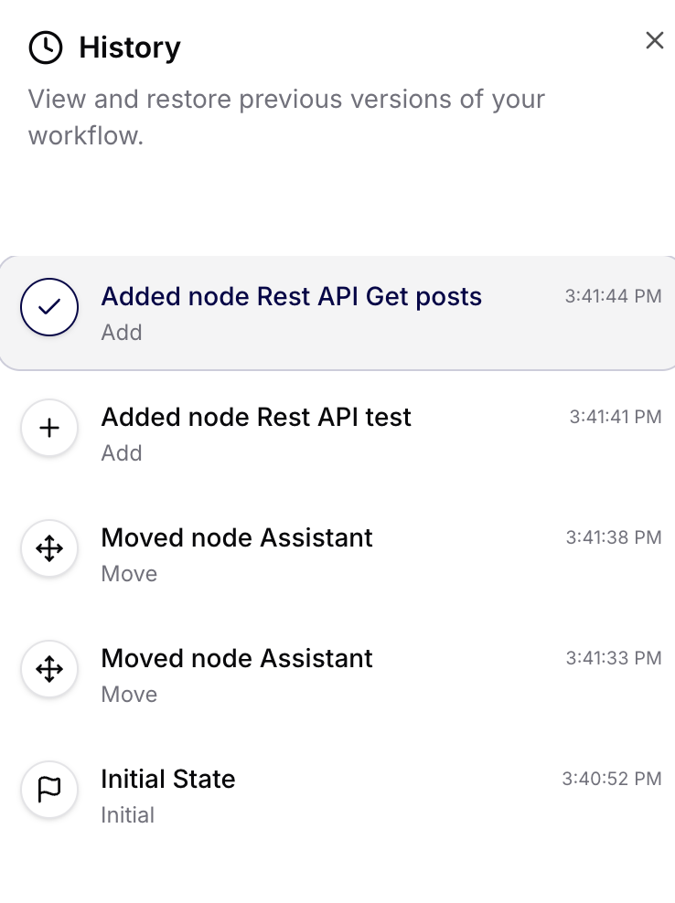 Workflow history panel with a chronological list of workflow changes