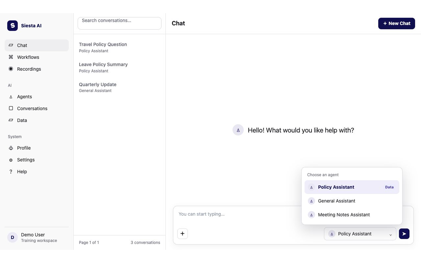 Siesta AI Chat with the agent selector open and Policy Assistant marked for Data