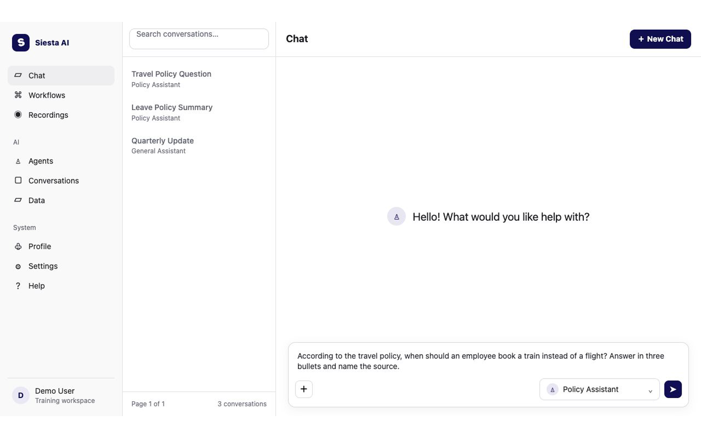 Siesta AI Chat with a question about the travel policy ready to send