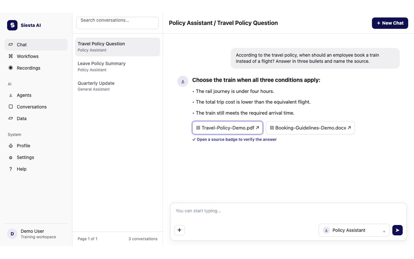 Siesta AI Chat answer with travel policy source document badges