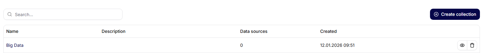Data collections list with search and a Create collection button