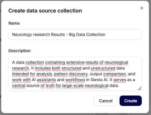 Create collection dialog with name, description, and visibility controls