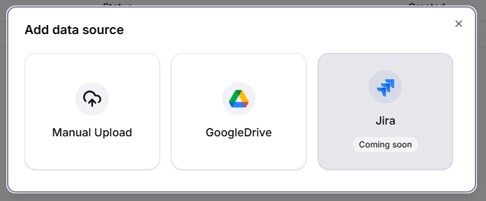 Add data source dialog with Manual Upload and Google Drive choices