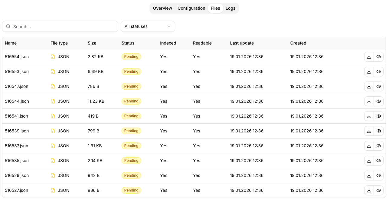 Data source Files tab with document rows and processing information