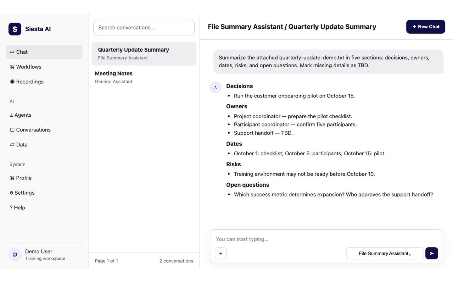 Structured summary in Siesta AI Chat beside the attached sample text file